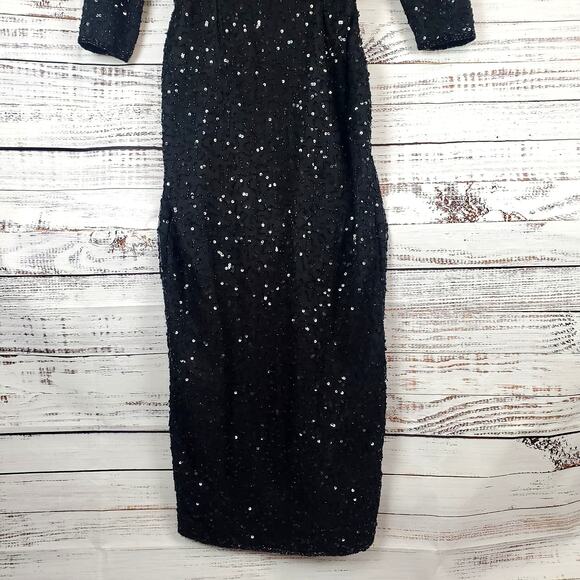 Vintage Formal Silk Black Sequin Beaded Dress Glam Event Gown Bolero Jacket Sz M - Picture 10 of 16